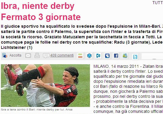 追加禁賽2場 伊布鐵定無緣米蘭德比